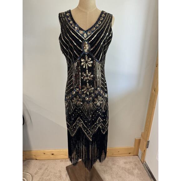 Black Dress with Gold sequins M With Bottom Fringe,Sexy,Heavy Embellishments - Picture 13 of 13